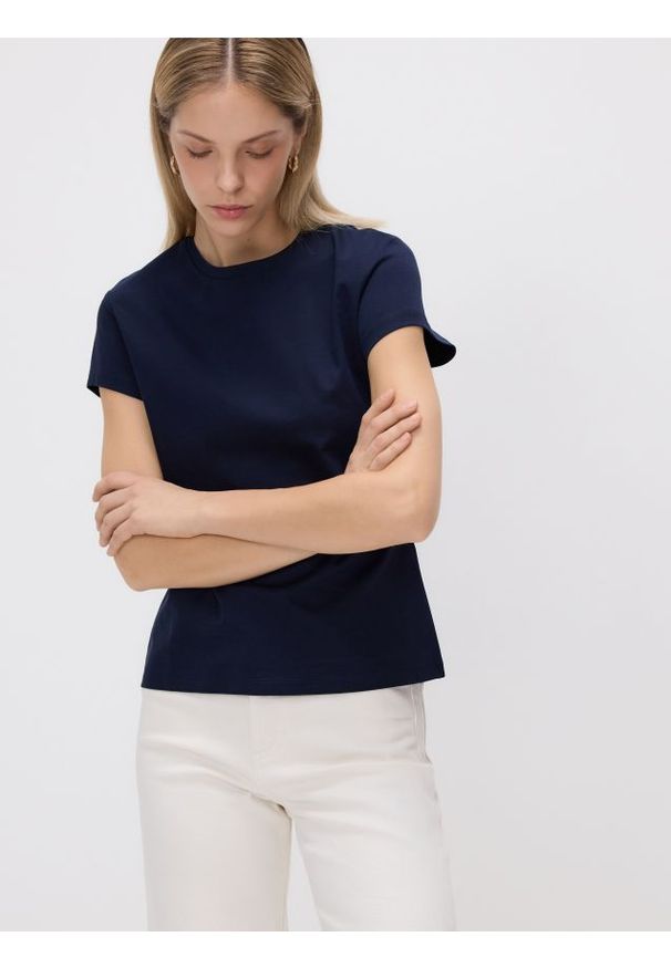 Reserved - T-shirt z domieszką jedwabiu - granatowy. Kolor: niebieski. Materiał: jedwab