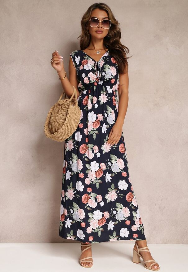 Renee - Czarna Sukienka Maxi w Kwiaty z Gumką w Talii Kaleita. Kolor: czarny. Materiał: bawełna, tkanina. Długość rękawa: bez rękawów. Wzór: kwiaty. Sezon: lato. Długość: maxi