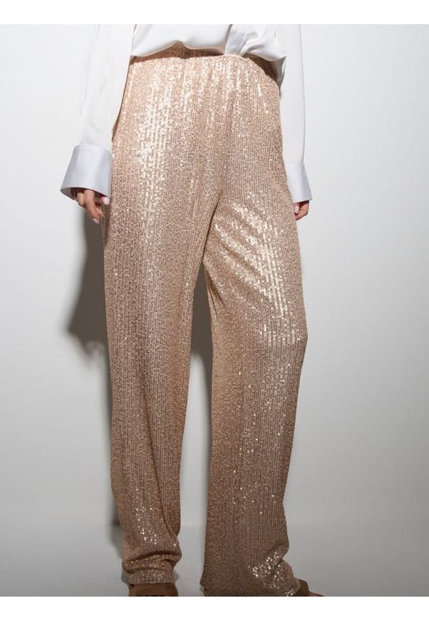 Sinsay - Spodnie wide leg z połyskującymi cekinami - złoty. Kolor: złoty