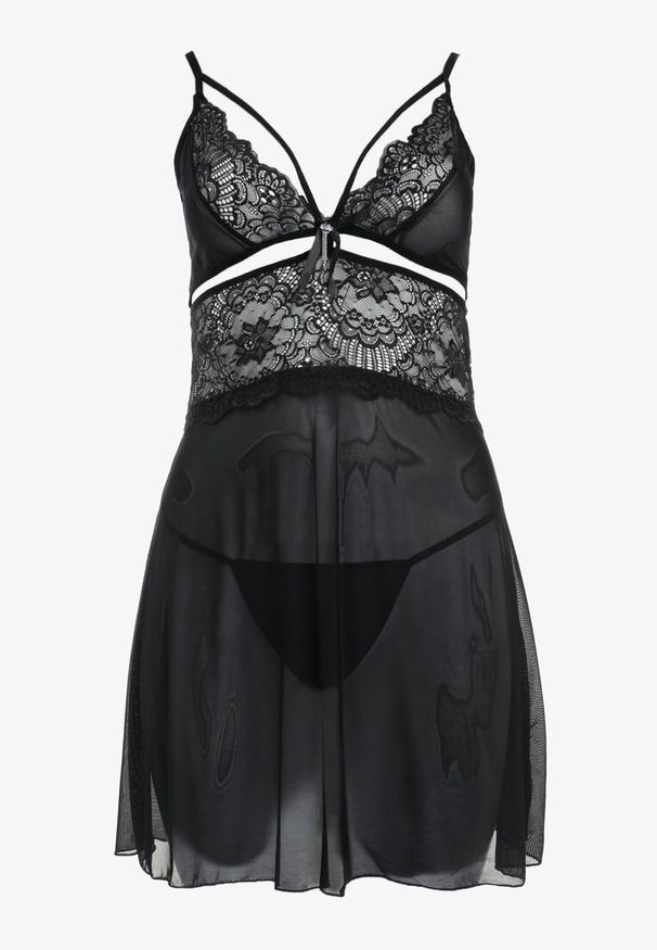 Born2be - Czarna Koronkowa Koszula Nocna z Wycięciami i Stringami Jaxciee. Kolor: czarny. Materiał: koronka. Wzór: aplikacja, koronka