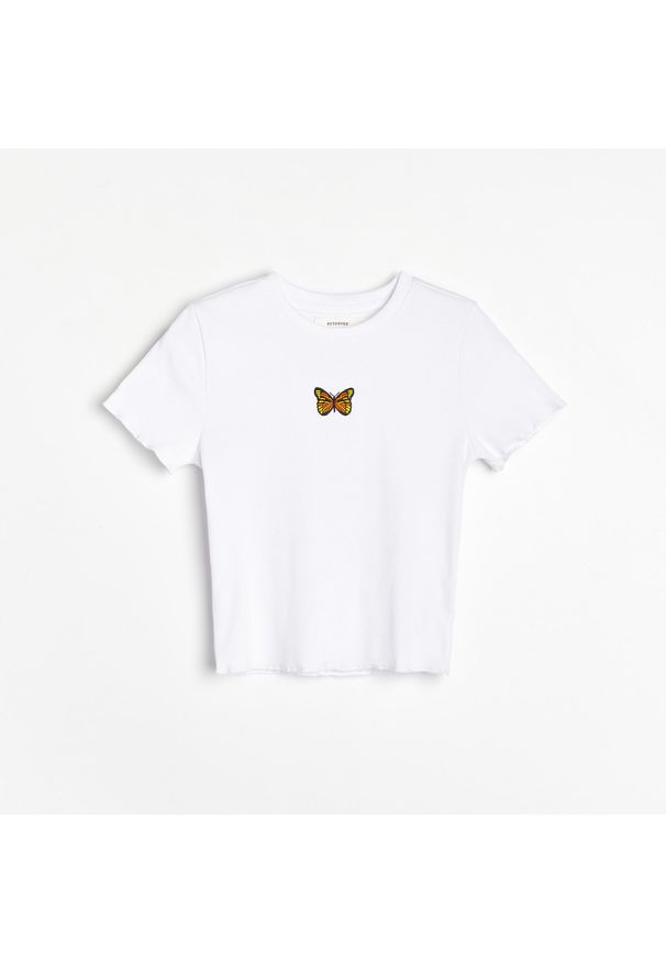 Reserved - Koszulka z prążkowanej dzianiny - Biały. Kolor: biały. Materiał: dzianina, prążkowany