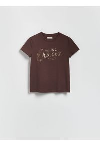 Reserved - T-shirt z połyskującym nadrukiem - beżowy. Kolor: beżowy. Materiał: dzianina, bawełna. Wzór: nadruk