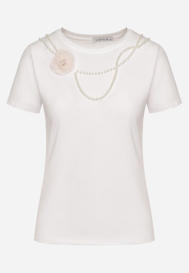 Born2be - Biały Bawełniany T-shirt Ozdobione Kwiatem 3D i Perełkami Sanoriela. Okazja: na co dzień. Kolor: biały. Materiał: bawełna. Wzór: aplikacja, kwiaty. Styl: casual