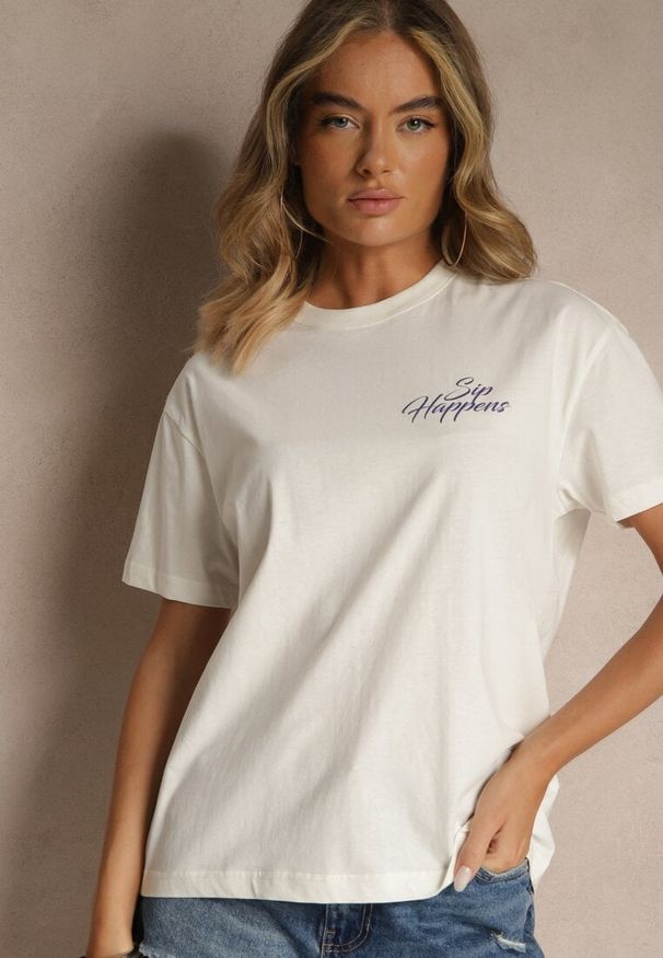 Renee - Jasnobeżowy T-shirt z Bawełny z Nadrukiem Adferia. Okazja: na co dzień. Kolor: beżowy. Materiał: bawełna. Wzór: nadruk. Styl: klasyczny, elegancki, casual
