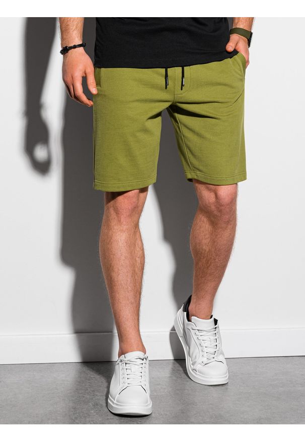 Ombre Clothing - Krótkie spodenki męskie dresowe W291 - oliwkowe - XXL. Kolor: oliwkowy. Materiał: dresówka. Długość: krótkie. Styl: klasyczny