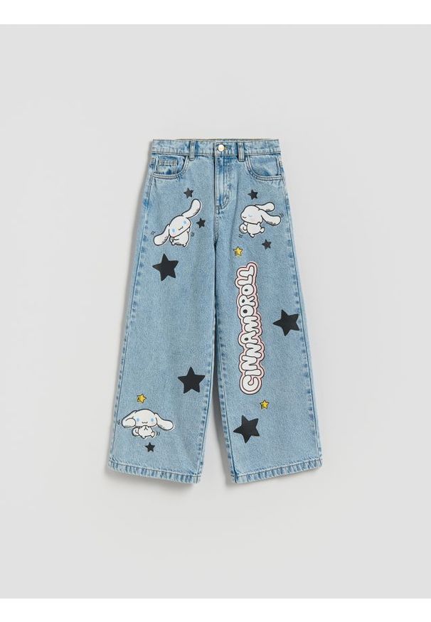 Reserved - Jeansy super wide leg Cinnamoroll - niebieski. Kolor: niebieski