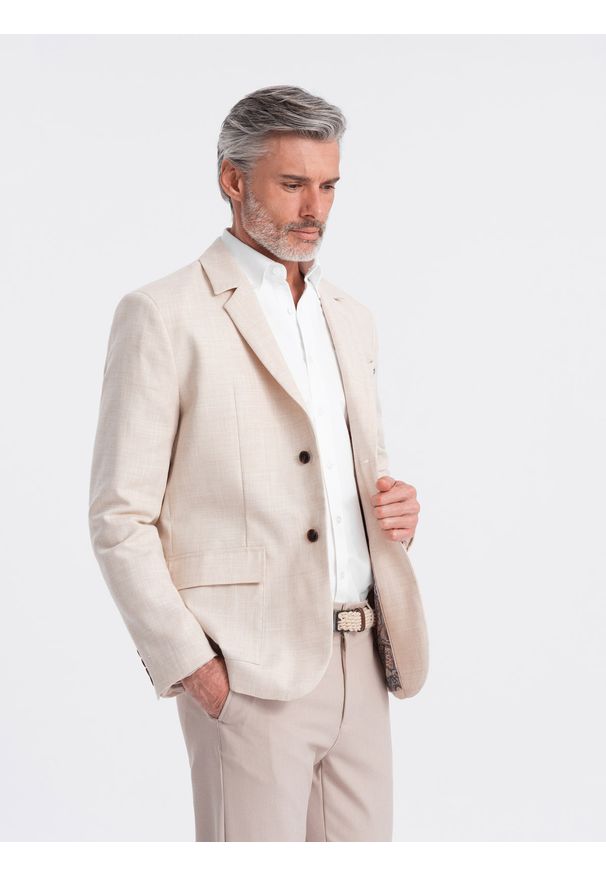 Ombre Clothing - Męska marynarka o kroju REGULAR z lnem - kremowa V1. Okazja: do pracy. Kolor: kremowy. Materiał: len. Wzór: aplikacja. Styl: klasyczny, elegancki
