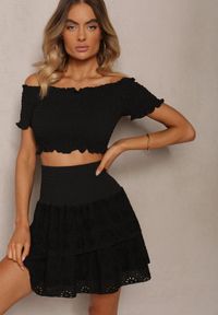Renee - Czarny Ażurowy Komplet z Bawełny Top w Hiszpańskim Stylu Spódnica z Gumką w Talii Vimariah. Kolor: czarny. Materiał: bawełna. Wzór: ażurowy