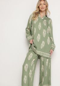 Born2be - Zielony Komplet w Stylu Boho Oversize Długa Koszula i Luźne Spodnie Meppina. Kolor: zielony. Materiał: skóra #4