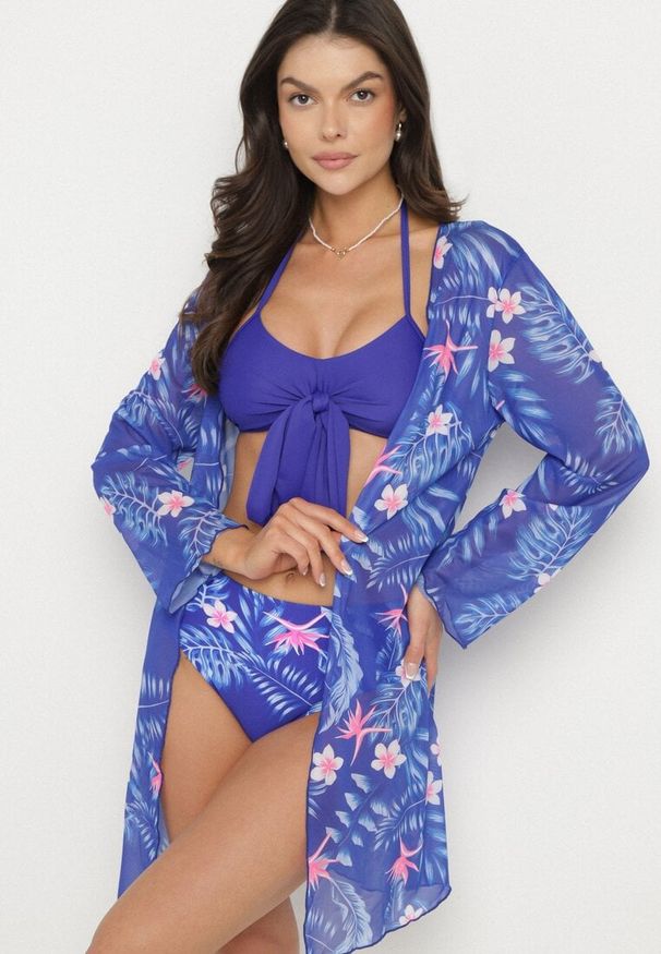 Born2be - Niebieskie Bikini Wiązany Biustonosz i Majtki Figi z Dodatkową Narzutką z Siateczki Zareliah. Kolor: niebieski. Materiał: len. Wzór: aplikacja