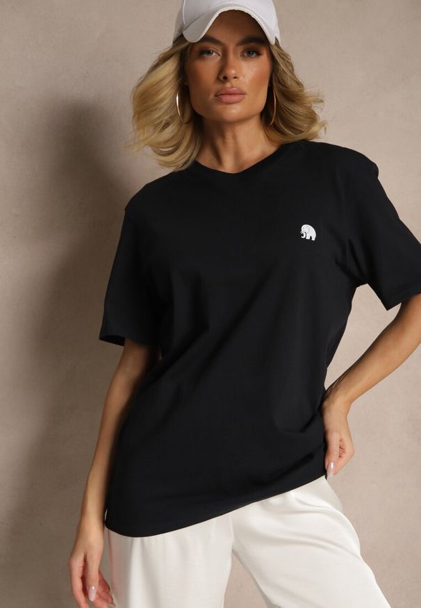 Renee - Granatowa Bawełniana Koszulka T-shirt z Małym Słonikiem Laniriel. Okazja: na co dzień. Kolor: niebieski. Materiał: bawełna. Styl: klasyczny, elegancki, casual