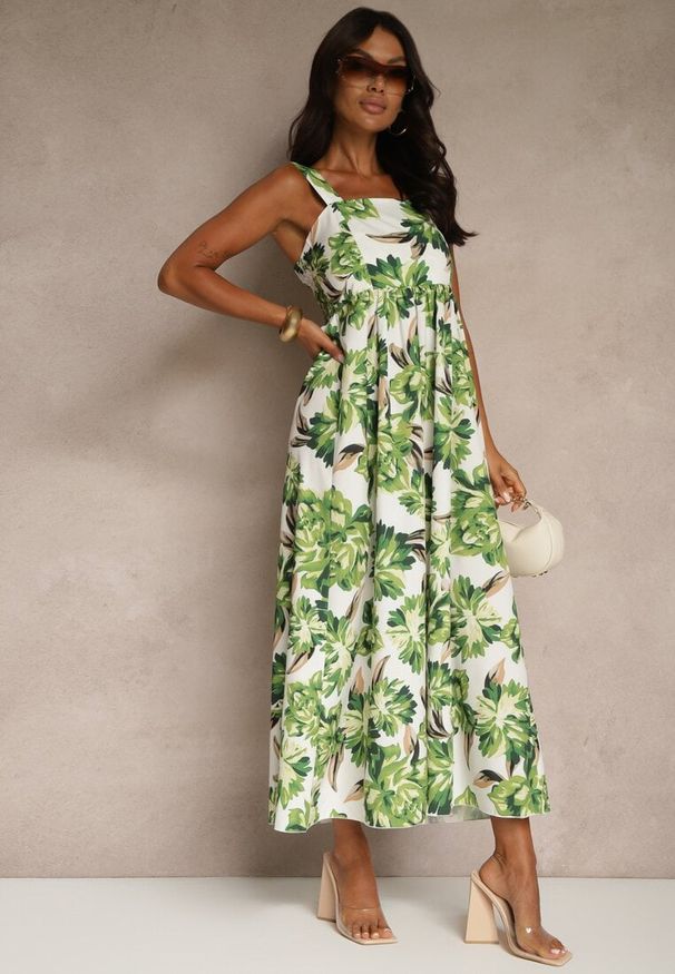 Renee - Zielona Sukienka z Wiskozą o Rozkloszowanym Kroju z Kwiatami Nilestra. Okazja: na co dzień. Kolor: zielony. Materiał: wiskoza. Długość rękawa: na ramiączkach. Wzór: kwiaty. Sezon: lato. Typ sukienki: rozkloszowane. Styl: klasyczny, casual, elegancki