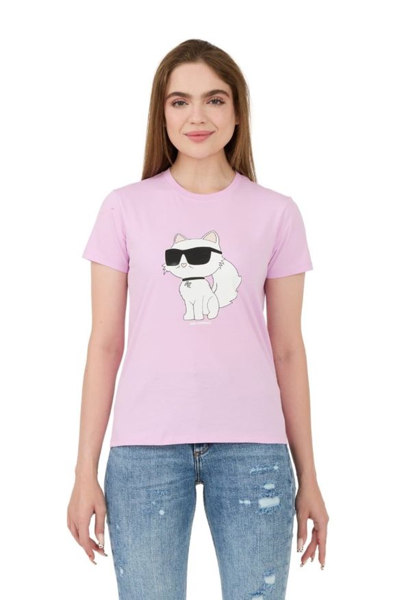 Karl Lagerfeld - KARL LAGERFELD Lawendowy damski t-shirt Ikonik 2.0 Choupette, Rozmiar XS. Kolor: fioletowy