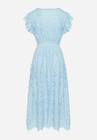 Born2be - Niebieska Ażurowa Sukienka z Kopertowym Dekoltem i Bufiastymi Rękawami Ldivane. Okazja: na imprezę, na co dzień. Kolor: niebieski. Wzór: ażurowy. Sezon: lato. Typ sukienki: kopertowe. Styl: casual #3