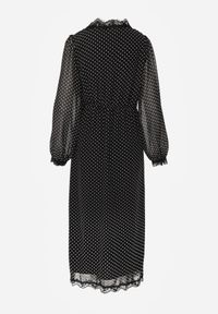Born2be - Czarna Sukienka w Kropki z Koronką i Transparentnymi Rękawami Hetiera. Okazja: na co dzień. Kolor: czarny. Materiał: koronka. Wzór: kropki, koronka. Styl: casual, klasyczny #2
