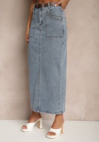Renee - Niebieska Ołówkowa Spódnica Jeansowa z Dodatkowym Paskiem z Klamrą Malirae. Okazja: na co dzień. Kolor: niebieski. Materiał: jeans. Styl: klasyczny, casual, elegancki #3