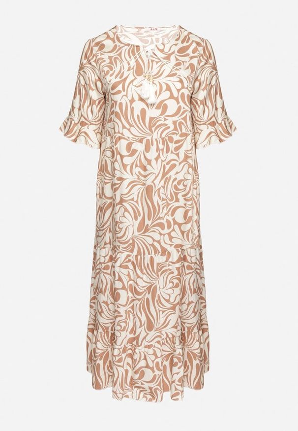 Born2be - Ciemnobeżowa Sukienka z Wiskozy o Prostym Kroju z Wiązaniem w Roślinny Wzór Edirania. Okazja: na co dzień. Typ kołnierza: dekolt w serek. Kolekcja: plus size. Kolor: beżowy. Wzór: aplikacja. Typ sukienki: proste. Materiał: wiskoza. Długość rękawa: krótki rękaw. Styl: klasyczny, casual, elegancki