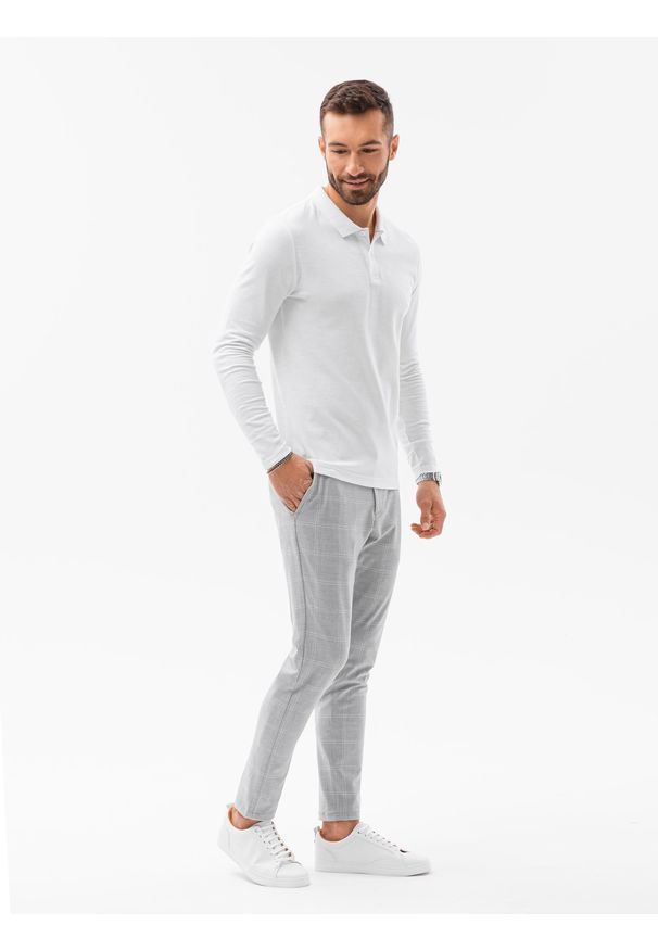 Ombre Clothing - Longsleeve męski bez nadruku L132 - biały - XXL. Typ kołnierza: polo. Kolor: biały. Materiał: bawełna, materiał, jeans. Długość rękawa: długi rękaw. Wzór: ze splotem