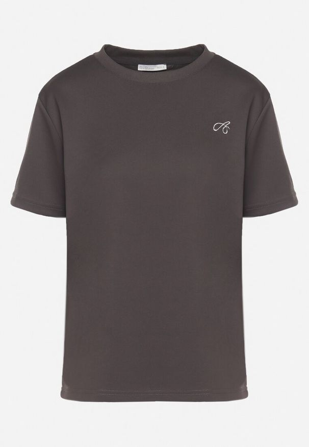 Born2be - Ciemnoszary T-shirt z Małym Haftem Natavira. Okazja: na co dzień. Kolor: szary. Materiał: jeans. Wzór: haft. Styl: klasyczny, elegancki, casual
