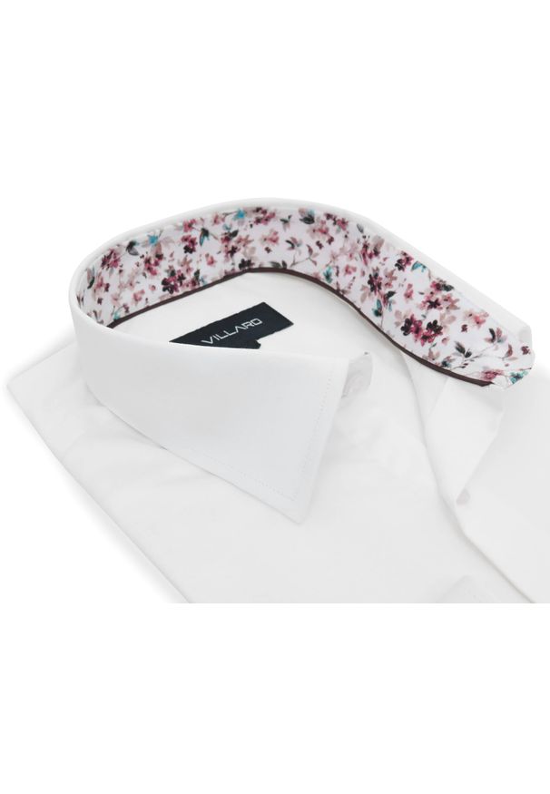 Mmer / Villaro - Koszule męskie - Gładka biała koszula męska Villaro z kontrastami J142. Kolor: biały. Materiał: tkanina, elastan, bawełna. Długość: długie. Wzór: gładki