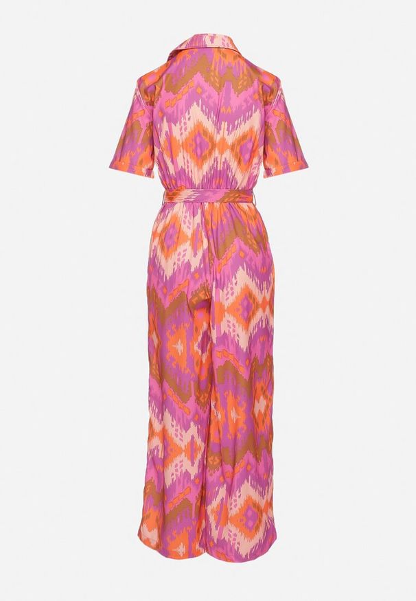 Born2be - Fioletowo-Pomarańczowy Długi Kombinezon Koszulowy z Wiązanym Paskiem i Gumką w Talii Tariony. Kolor: fioletowy. Długość: długie