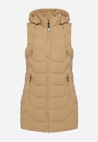 Born2be - Jasnobeżowa Pikowana Kamizelka z Odpinanym Kapturem na Suwak Wykończona Sznurkami Zeneria. Okazja: na co dzień. Kolor: beżowy. Styl: casual, elegancki #2