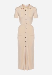 Born2be - Beżowa Sukienka Koszulowa z Wycięciami w Talii i i Marszczeniami Zapinana na Guziki Quvlea. Okazja: na co dzień. Kolor: beżowy. Materiał: jeans, wiskoza. Typ sukienki: koszulowe. Styl: casual #2