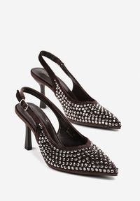 Renee - Brązowe Szpilki Slingback Ozdobione Cyrkoniami Benikke. Zapięcie: sprzączka. Kolor: brązowy. Wzór: aplikacja. Obcas: na szpilce. Styl: klasyczny, elegancki #5