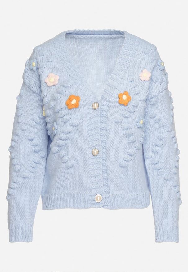 Born2be - Jasnoniebieski Kardigan Ozdobiony Pomponikami i Wypukłymi Kwiatkami Terilisse. Kolor: niebieski. Wzór: aplikacja, kwiaty. Styl: klasyczny, elegancki