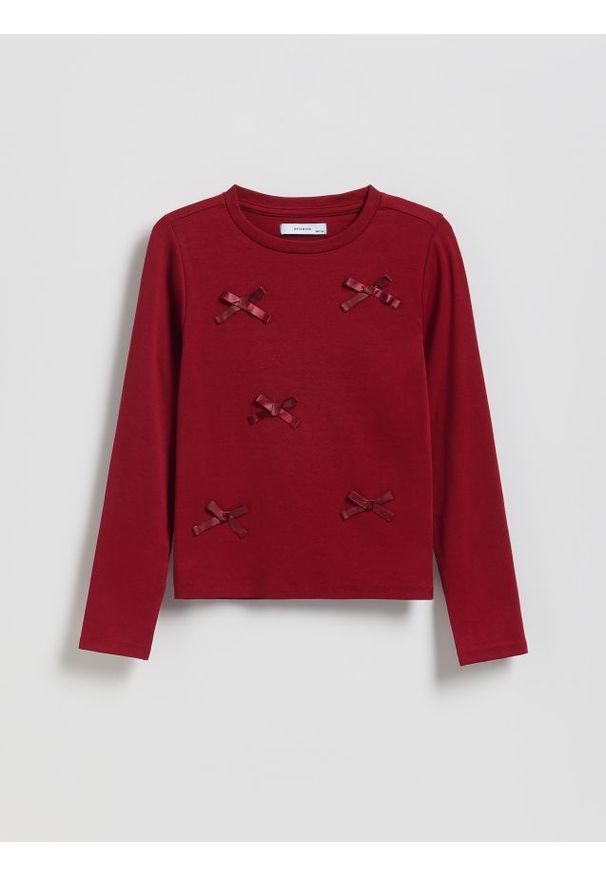 Reserved - Bawełniana bluzka z kokardami - bordowy. Typ kołnierza: kokarda. Kolor: czerwony. Materiał: bawełna
