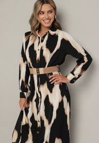 Born2be - Beżowo-Czarna Panterkowa Sukienka w Koszulowym Stylu z Elastycznym Paskiem Tinellea. Okazja: do pracy. Typ kołnierza: dekolt w serek. Kolor: beżowy. Materiał: skóra. Typ sukienki: koszulowe. Styl: elegancki #4
