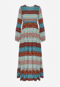 Born2be - Niebiesko-Czerwona Sukienka Maxi z Marszczoną Górą i Długim Rękawem Haari. Kolor: niebieski. Długość rękawa: długi rękaw. Sezon: jesień, wiosna. Długość: maxi #6