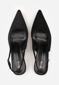 Born2be - Czarne Czółenka z Imitacji Zamszu na Kaczuszce z Odkrytą Piętą Raeneh. Nosek buta: szpiczasty. Zapięcie: sprzączka. Kolor: czarny. Materiał: zamsz. Sezon: lato. Obcas: na szpilce. Styl: klasyczny. Wysokość obcasa: średni #3