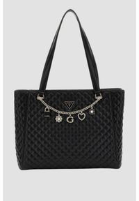 Guess - GUESS Czarna damska shopperka Everlee. Kolor: czarny. Dodatki: z breloczkiem. Materiał: skórzane
