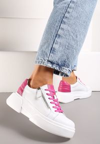 Renee - Biało-Różowe Skórzane Sneakersy na Platformie z Ozdobnym Suwakiem z Boku Leomiana. Kolor: biały. Materiał: skóra. Obcas: na platformie #5