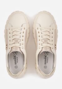 Renee - Beżowo-Złote Sneakersy Skórzane z Chunky Podeszwą i Metalicznymi Wstawkami Volla. Okazja: na co dzień. Zapięcie: sznurówki. Kolor: beżowy. Materiał: skóra. Szerokość cholewki: normalna. Wzór: gładki #5