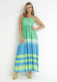 Born2be - Zielona Rozkloszowana Sukienka Maxi na Ramiączkach z Cienkimi Gumkami w Pasie Kaloia. Kolor: zielony. Długość rękawa: na ramiączkach. Typ sukienki: rozkloszowane. Długość: maxi #5