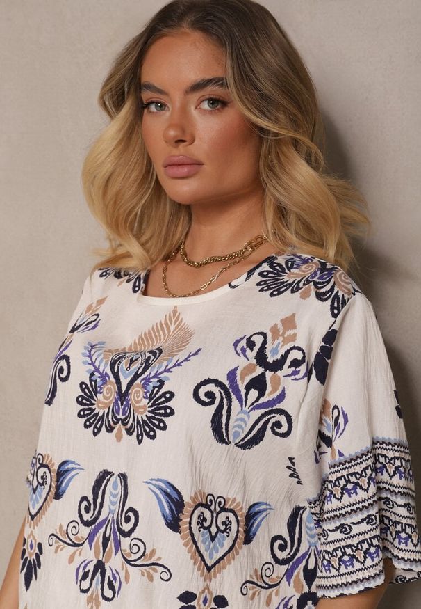 Renee - Niebieski Wiskozowy Komplet w Orientalny Print Szerokie Spodnie i T-shirt Pollialia. Kolor: niebieski. Materiał: wiskoza. Wzór: nadruk