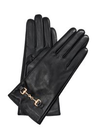 Ochnik - Czarne skórzane rękawiczki damskie z klamrą. Kolor: czarny. Materiał: skóra