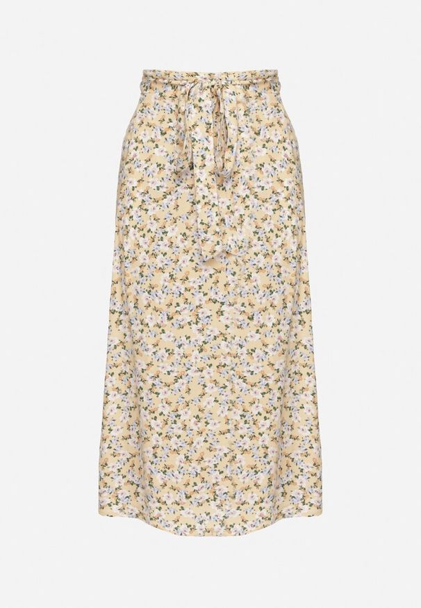 Born2be - Beżowa Spódnica Wiązana w Pasie w Kwiatowy Print Ellivella. Okazja: na spotkanie biznesowe. Kolor: beżowy. Wzór: nadruk, kwiaty. Styl: elegancki, biznesowy, klasyczny