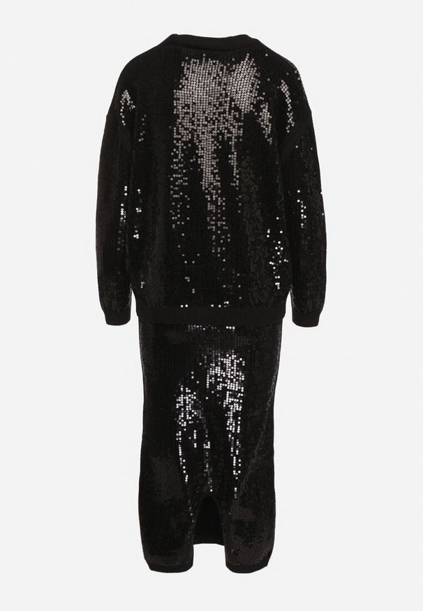 Born2be - Czarny Komplet Dzianinowy z Cekinami Kardigan Oversize i Ołówkowa Spódnica Evelinoses. Kolor: czarny. Materiał: dzianina. Wzór: aplikacja