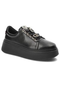 CheBello - Czarne Sneakersy Chebello Damskie Stylowe Obuwie. Kolor: czarny. Materiał: skóra. Szerokość cholewki: normalna. Obcas: na obcasie. Wysokość obcasa: średni