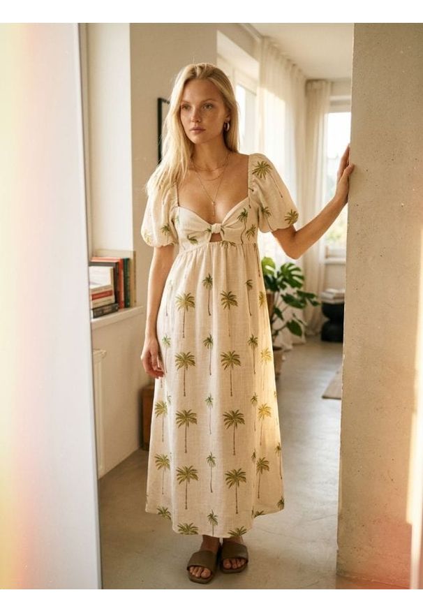 Sinsay - Bawełniana sukienka midi z bufiastym rękawem - wielobarwny. Materiał: bawełna. Długość: midi