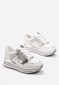 Born2be - Białe Sneakersy na Grubej Podeszwie Ozdobione Suwakiem i Brokatem Amudda. Kolor: biały. Materiał: jeans. Wzór: aplikacja #5