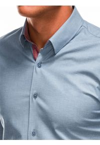 Ombre Clothing - Koszula męska z długim rękawem - niebieska K487 - M. Typ kołnierza: kołnierzyk klasyczny. Kolor: niebieski. Materiał: bawełna, tkanina, elastan. Długość rękawa: długi rękaw. Długość: długie. Wzór: melanż, ze splotem. Styl: klasyczny #3