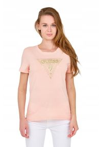 Guess - GUESS Damski t-shirt z dużym zdobionym logo, Rozmiar S. Kolor: pomarańczowy. Materiał: bawełna. Wzór: aplikacja #5