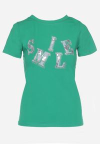 Born2be - Ciemnozielony Bawełniany T-shirt z Ozdobnym Napisem i Cekinami oraz Cyrkoniami Olindria. Okazja: na co dzień. Kolor: zielony. Materiał: bawełna. Wzór: napisy. Styl: casual, elegancki