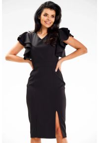 Awama - Elegancka czarna sukienka ołówkowa z dekoltem V i falbankami. Okazja: na imprezę. Typ kołnierza: kołnierz z falbankami. Kolor: czarny. Typ sukienki: ołówkowe. Styl: elegancki #4