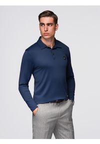 Ombre Clothing - Polo koszulka z długim rękawem zapinana na eleganckie, brandowane guziki – granatowa V3 - Rozmiar: L. Okazja: na co dzień. Typ kołnierza: polo. Kolor: niebieski. Materiał: elastan, nylon, dzianina, skóra. Długość rękawa: długi rękaw. Długość: długie. Styl: elegancki