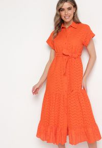 Born2be - Pomarańczowa Sukienka Bawełniana z Ażurowym Wzorem i Wiązanym Paskiem Kelilena. Okazja: na co dzień. Kolor: pomarańczowy. Materiał: bawełna. Długość rękawa: krótki rękaw. Wzór: ażurowy. Typ sukienki: rozkloszowane. Styl: retro, casual, elegancki #4
